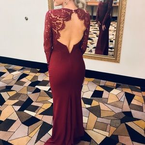 Lulus “Whenever You Call Wine Red Lace Maxi Dress”